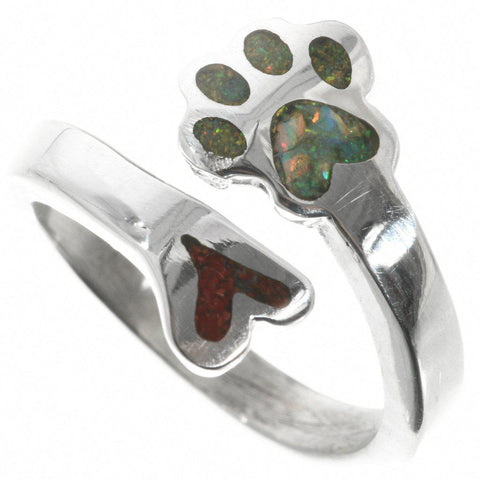 Ladies Opal Coral Silver Bypass Ring Cute Heart Puppy Paw