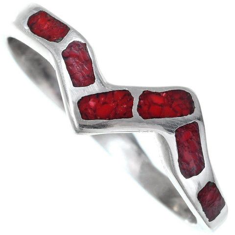 Inlaid Coral Zigzag Women’s Silver Ring