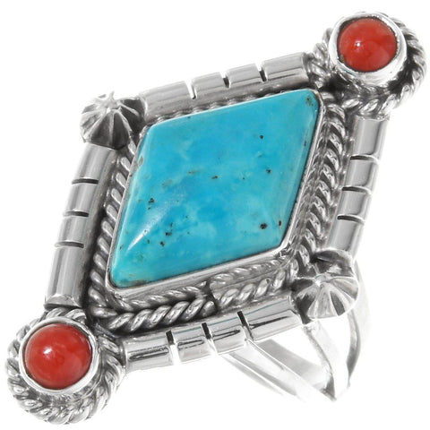 Turquoise Coral Silver Ladies Ring Diamond Shape