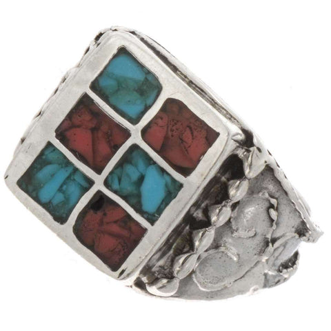 Inlaid Turquoise Silver Mens Ring