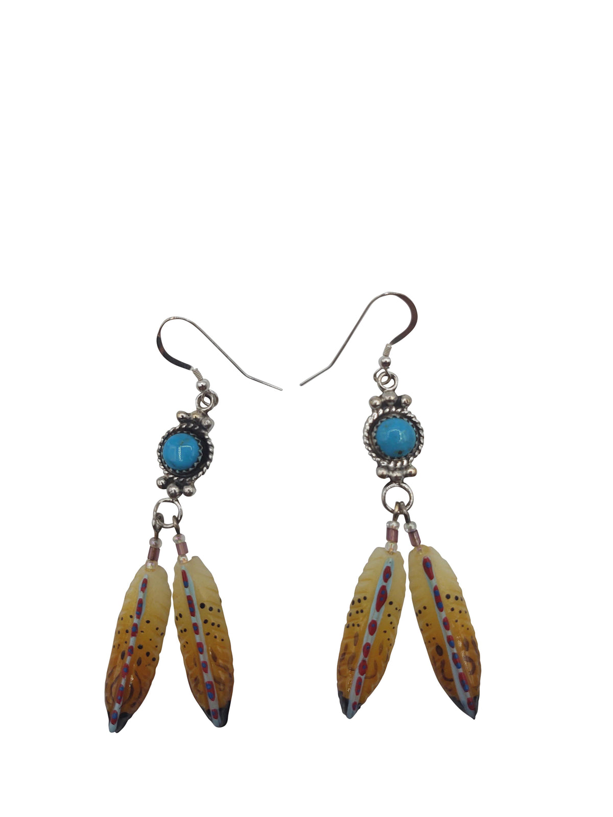 Turquoise Hand Painted Feathers Earrings French Hooks
