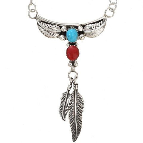 Turquoise Coral Silver Feather Necklace