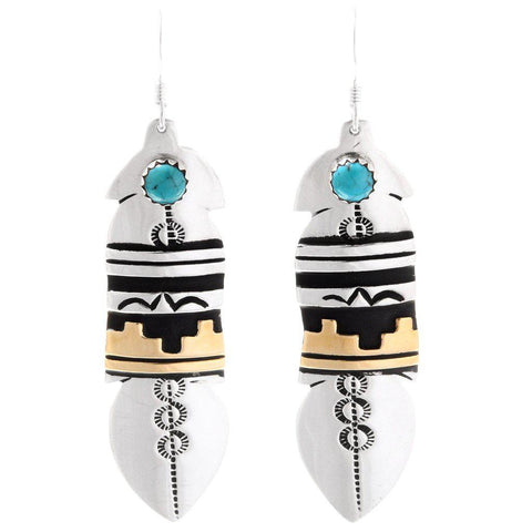 Turquoise Silver Gold Feather Dangle Earrings