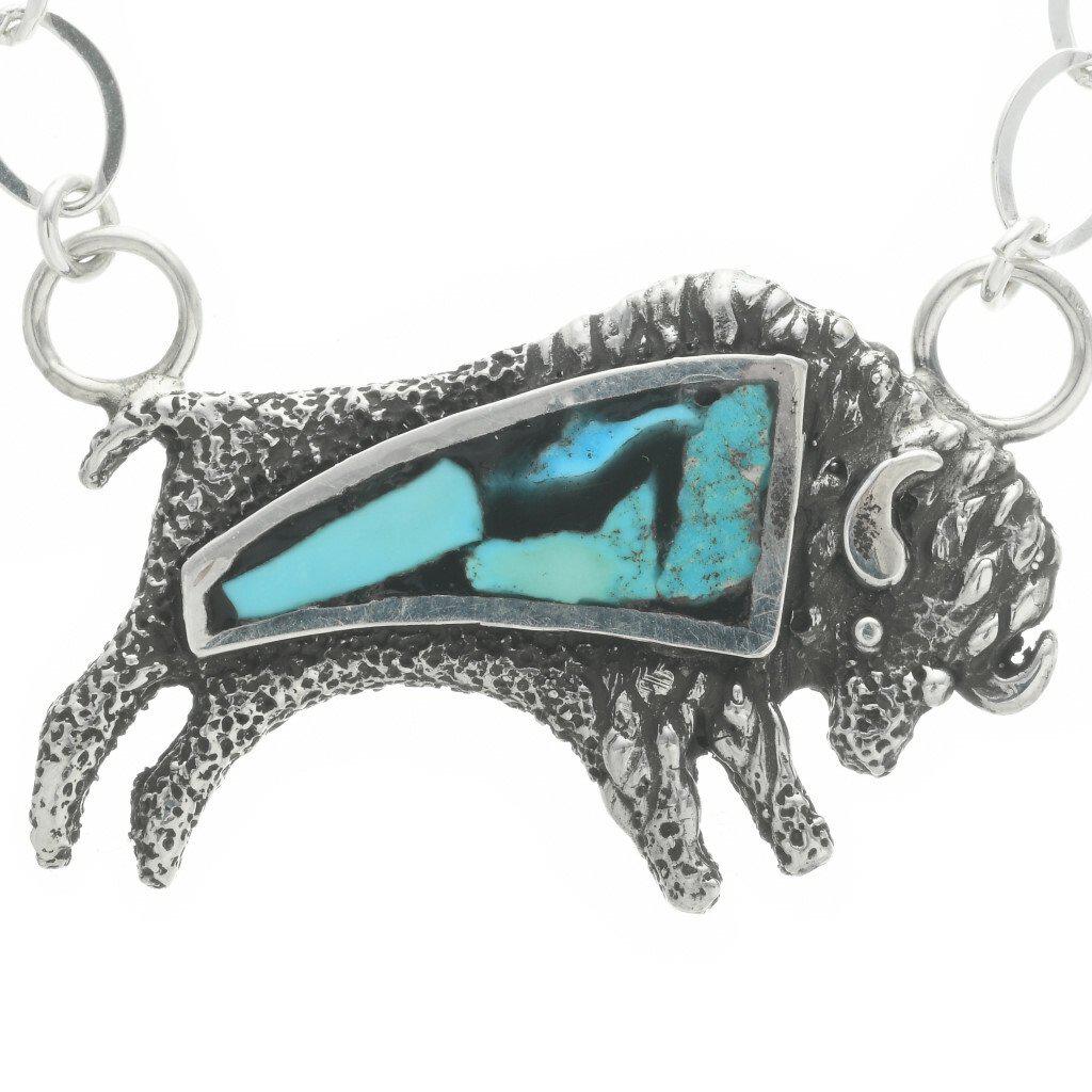 Inlaid Turquoise Silver Buffalo Pendant