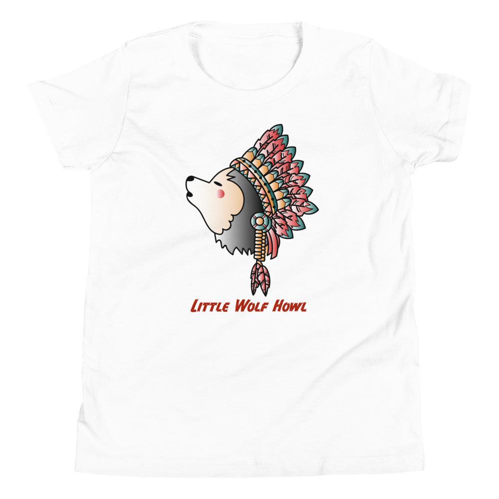 Little Wolf Howl Youth Short Sleeve T-Shirt - White Bison Native Art